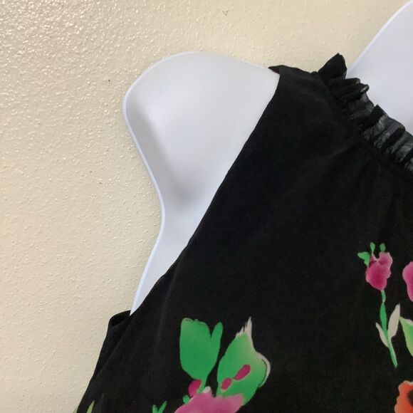Chenault Black Floral Cottagecore Summer Ruffle Collar Artsy Flowy Top PS - Picture 4 of 11